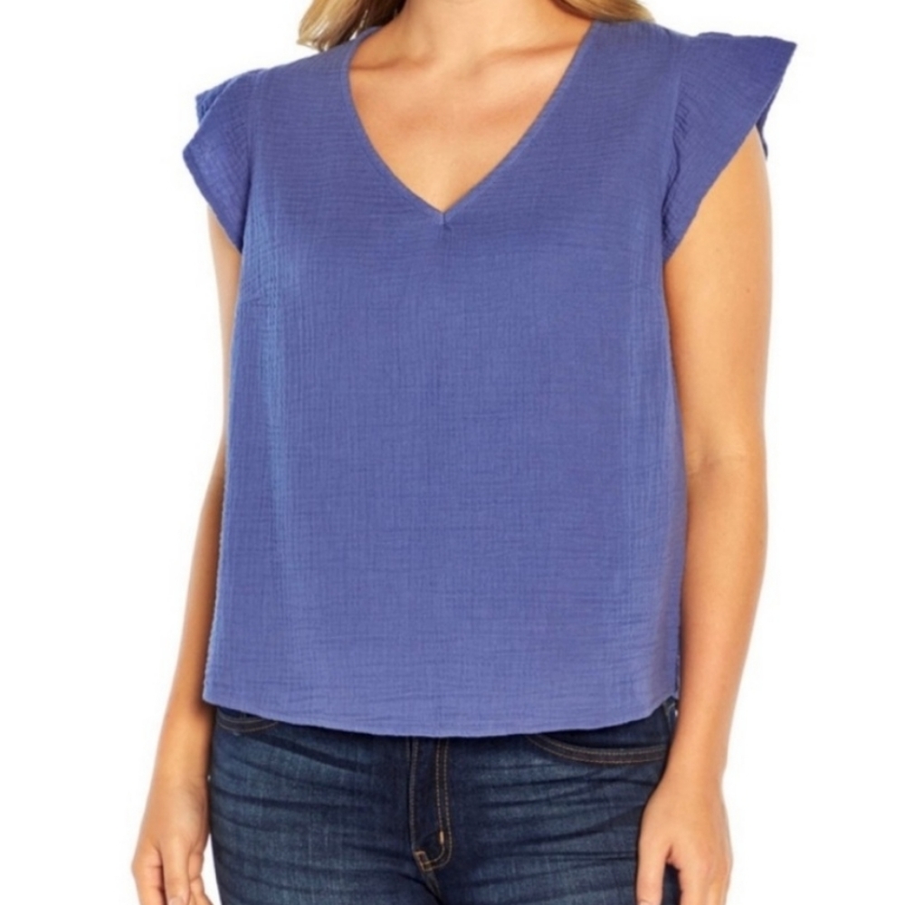Three Dots Periwinkle Double Gauze V Neck Top Shirt Size M NWT'S - Picture 1 of 9